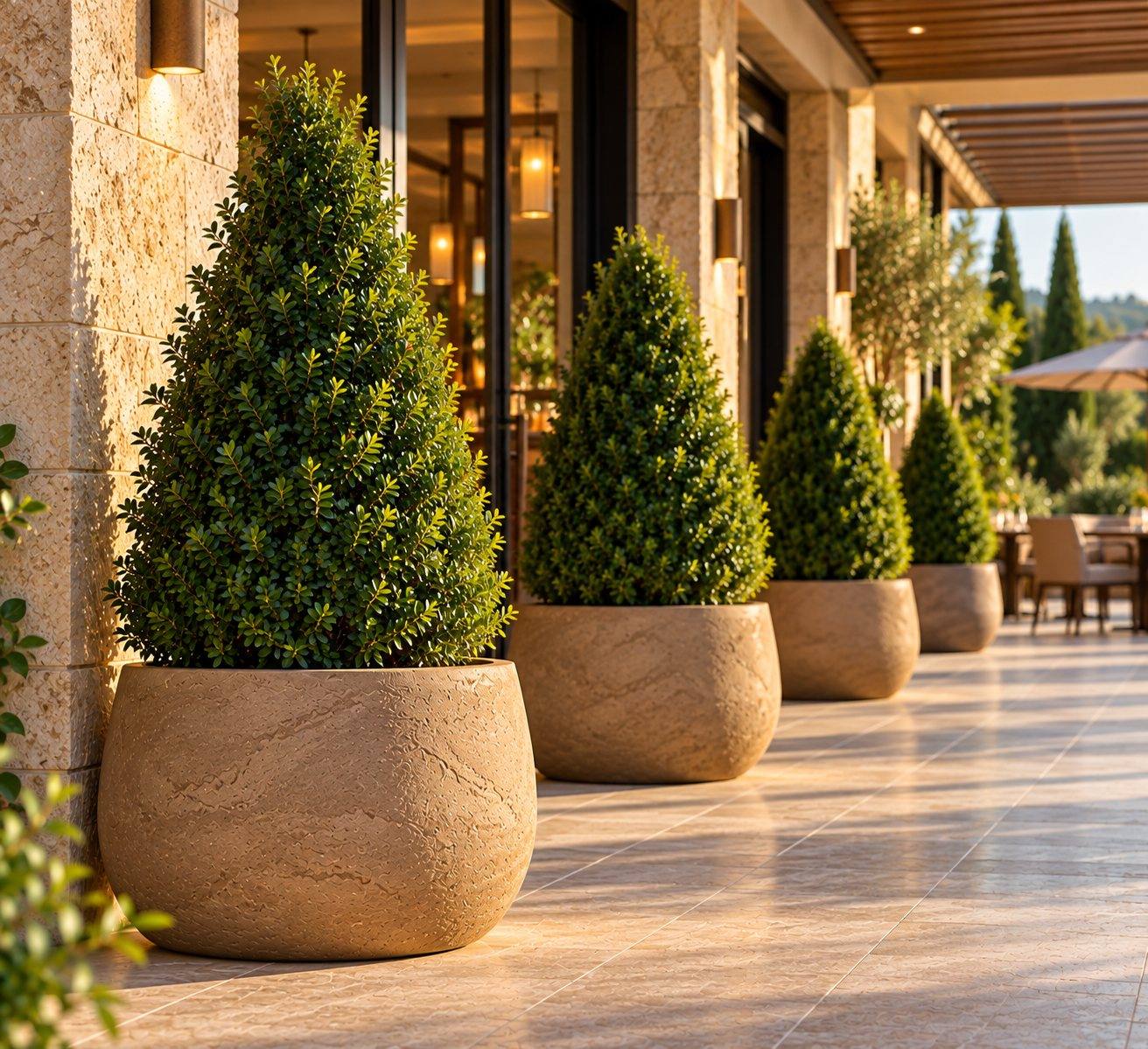 Buxus u obliku stošca u ukrasnim teglama uz luksuzni ulaz — Le Papillon