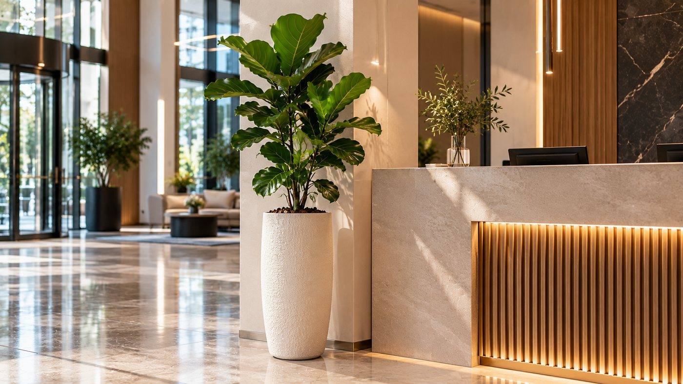 Ficus lyrata u visokoj bijeloj tegli u predvorju s recepcijom — Le Papillon