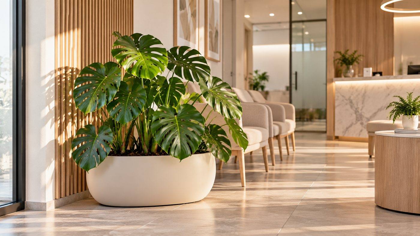 Monstera deliciosa u ovalnoj ukrasnoj tegli u modernom predvorju — Le Papillon