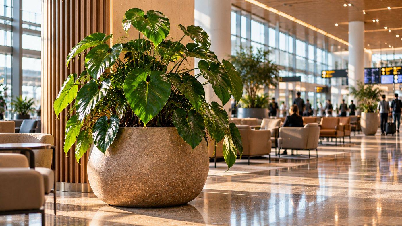 Philodendron u kamenoj ukrasnoj tegli u predvorju — Le Papillon