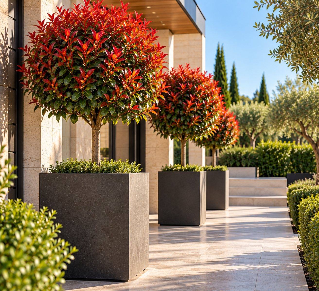 Photinia 'Red Robin' oblikovana kao stablašica u dizajnerskim teglama uz ulaz — Le Papillon