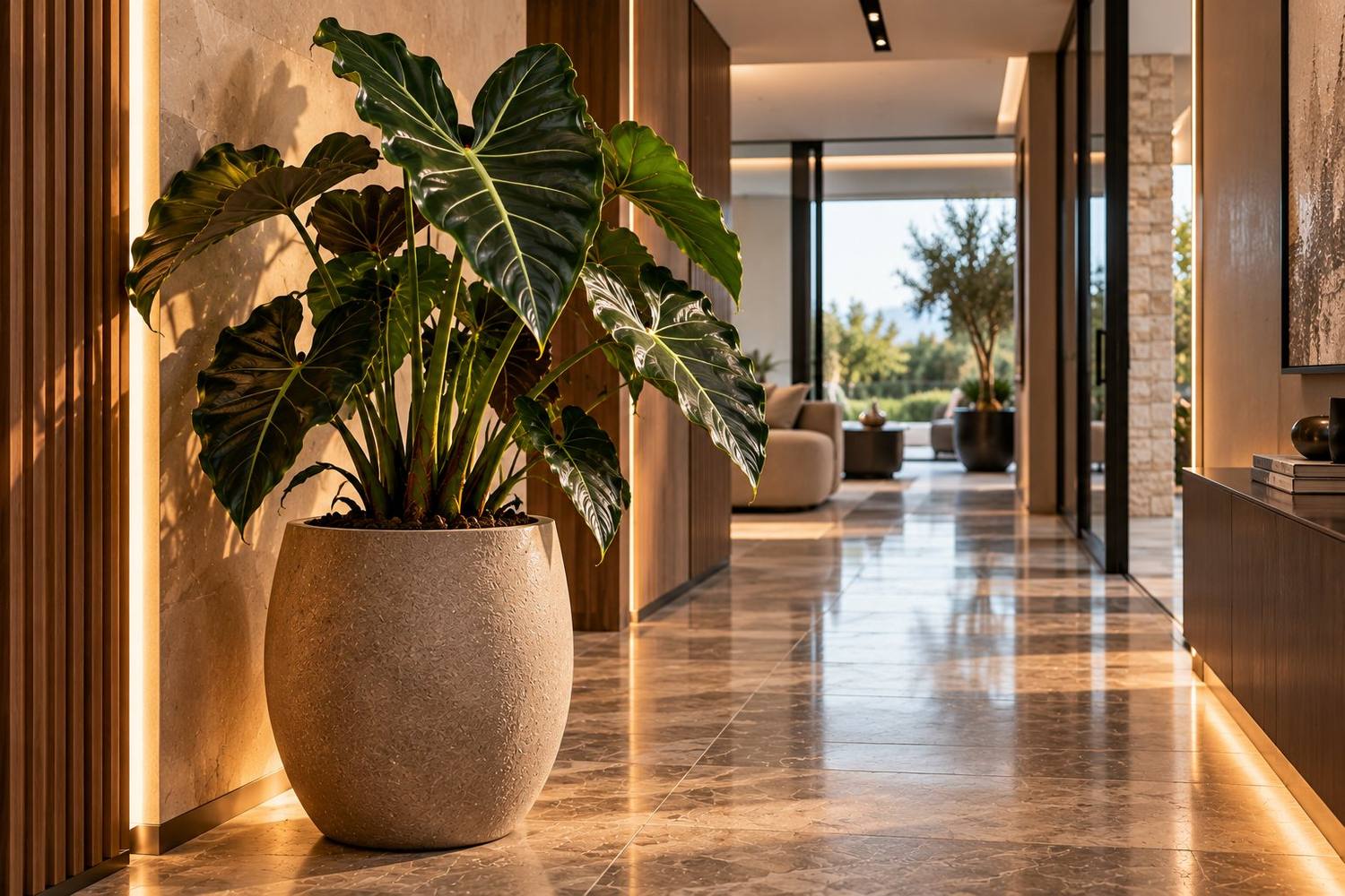 Alocasia u ukrasnoj tegli u modernom hodniku — Le Papillon Luxury design, Zagreb