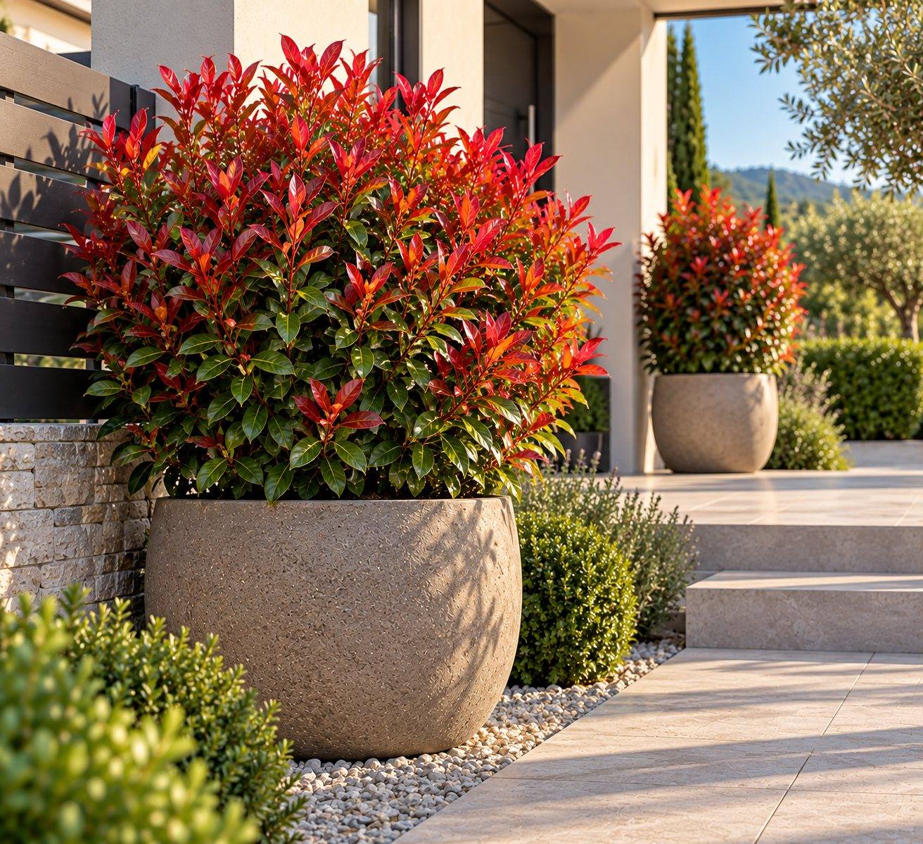 Photinia 'Red Robin' u ukrasnoj tegli — Le Papillon