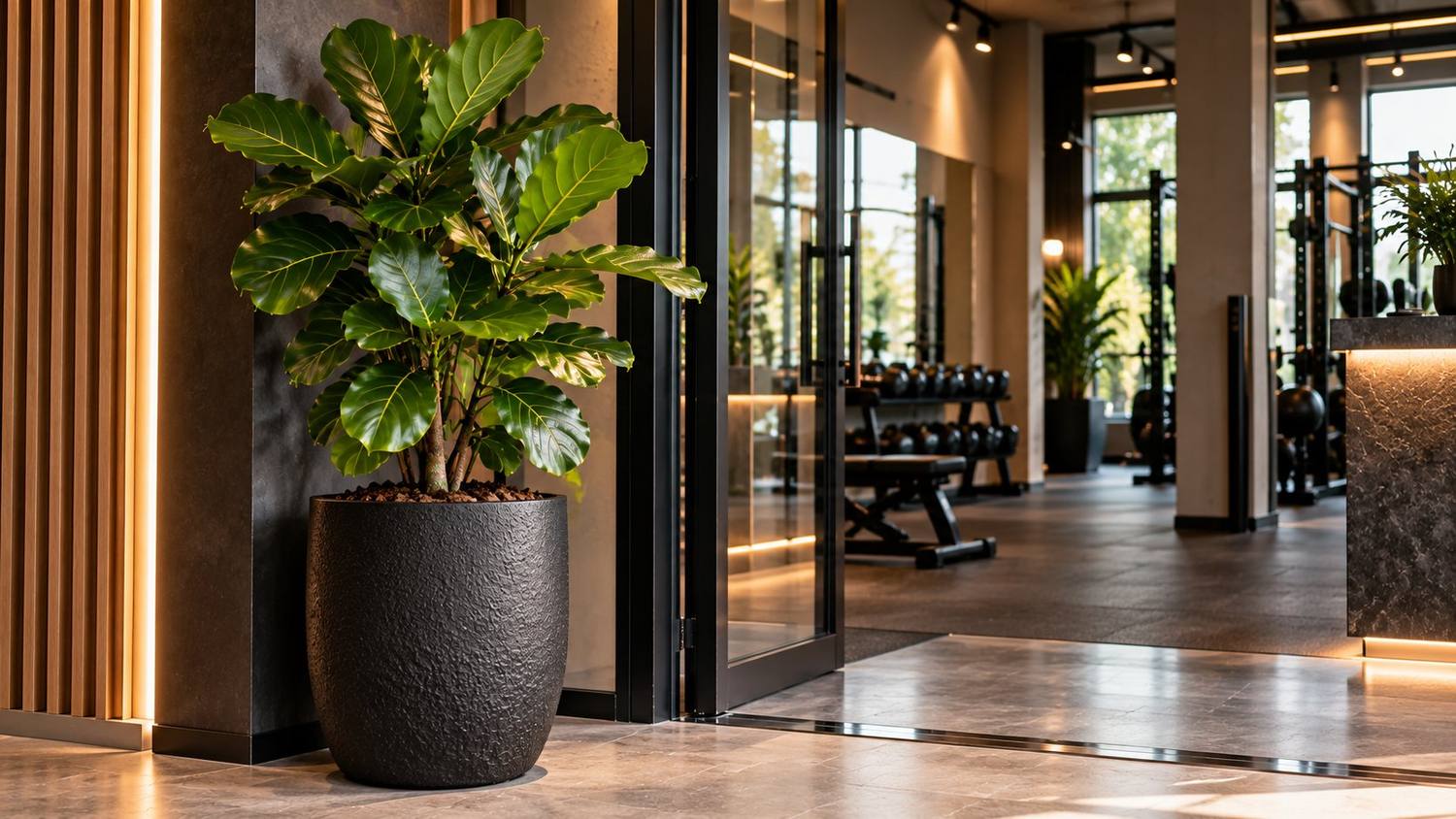 Dizajnerska tegla za poslovne prostore — Ficus lyrata u tamnoj tegli uz ulaz u poslovni prostor — Le Papillon Luxury design, Zagreb
