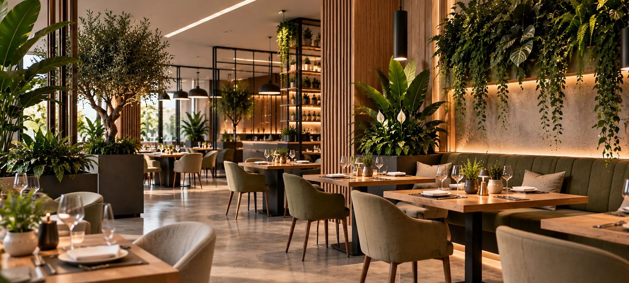 Velike ukrasne tegle sa zelenilom u interijeru restorana — Le Papillon Luxury design, Zagreb