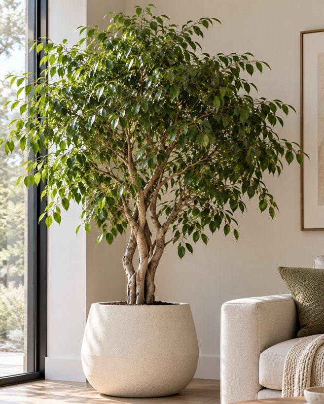 Ficus u dizajnerskoj tegli u modernom dnevnom boravku — Le Papillon